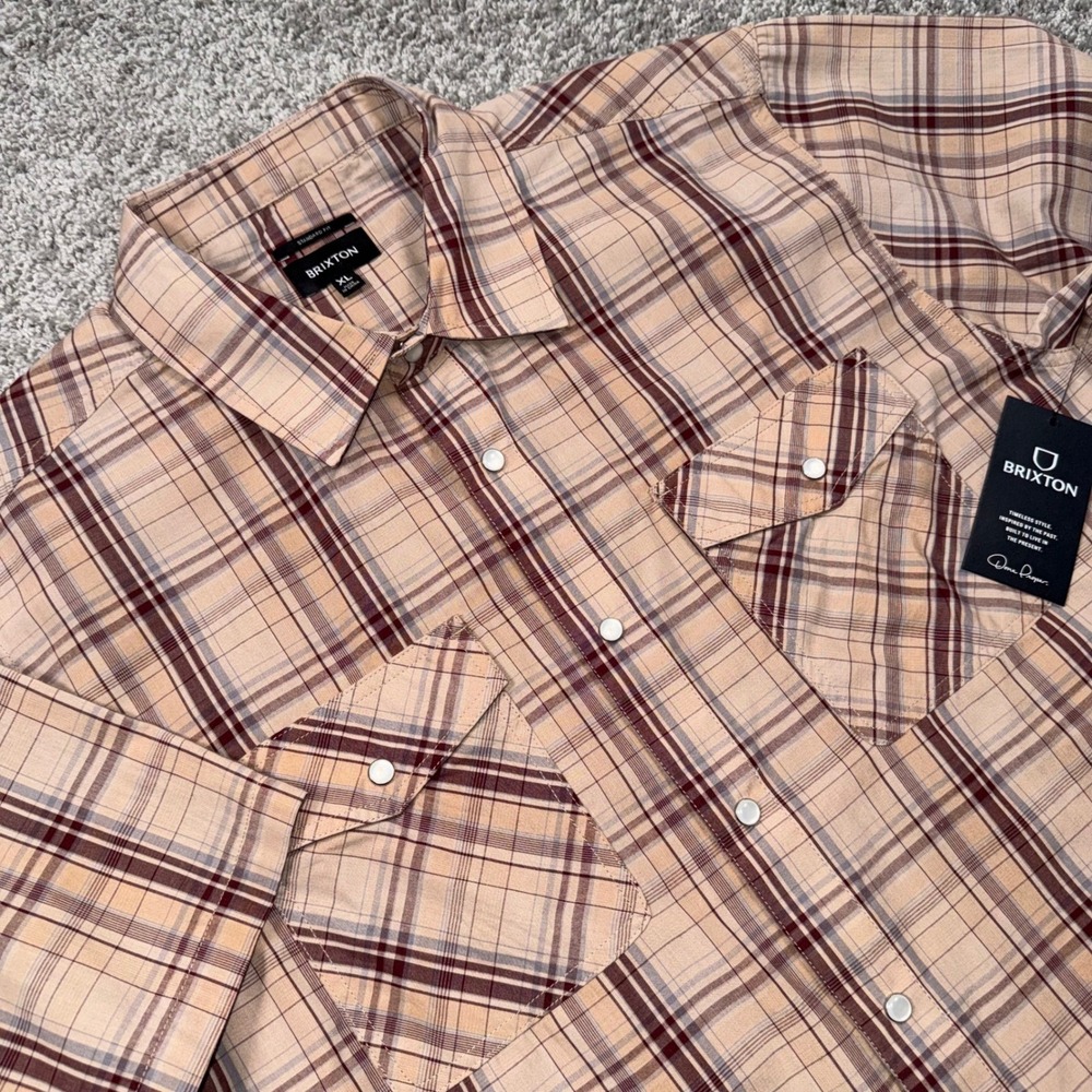 Brixton Wayne Western Plaid Shirt Mens XXL Short Sleeve Snap Front Tan NEW